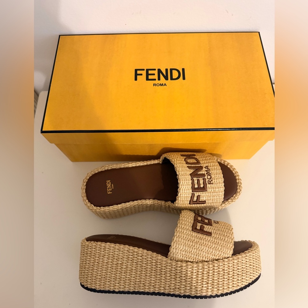 NWB FENDI Raffia FF Sunshine Platform Slide Sandals - Picture 9 of 14